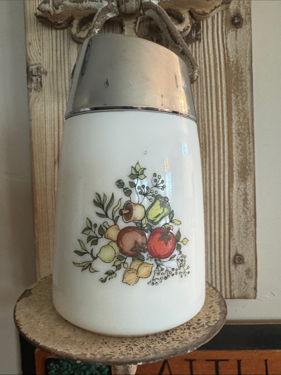 Other - Vintage 1959 White Glass Sugar dispenser with Fruit Decal and Silver Lid